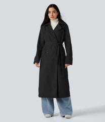 Removable Hood Notched Collar Long Sleeve Belted Longline Casual Anorak Jacket with Pockets