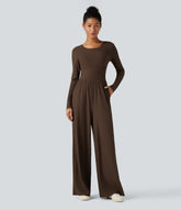 Ribbed Round Neck Long Sleeve Corset Casual Jumpsuit with Pockets-Easy Peezy Edition
