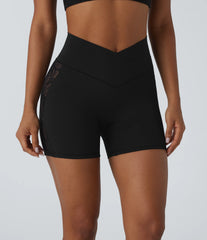 SoftlyZero™ High Waisted Crossover Contrast Lace Pocket Yoga Biker Shorts 5''-UPF50+