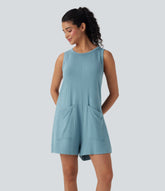 Round Neck Sleeveless Casual Jumpsuit with Pockets
