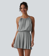Halter Sleeveless Tie-back Pleated Casual Romper with Pockets-Easy Peezy