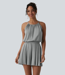 Halter Sleeveless Tie-back Pleated Casual Romper with Pockets-Easy Peezy