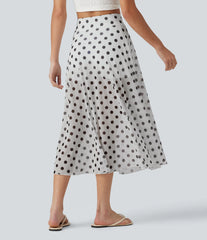 High-waisted Drawstring Polka Dot Mesh 2-in-1 Midi Flowy Flare Resort Skirt with Pockets