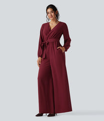 V-neck Puff Long Sleeve Belted Wide Leg Party Jumpsuit with Pockets