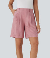 High Waisted Stripe Work Linen-Feel Bermuda Shorts with Pockets