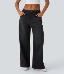 Halara Flex™ Low Rise Zipper Pockets Washed Baggy Wide Leg Casual Jeans