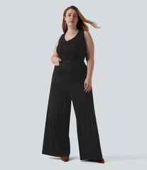 Plus Size V Neck Sleeveless Cut Out Wide Leg InstantCool Stripe Work Jumpsuit with Pockets