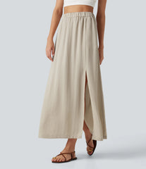 High Waisted Split Hem Maxi Casual Linen-Feel Skirt with Pockets