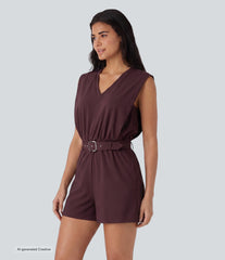 SoftlyZero™ Airy V Neck Sleeveless Belted InstantCool Casual Romper with Pockets-Easy Peezy Edition-UPF50+