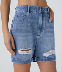 Halara Flex™ High Waisted Pockets Ripped Rolled Hem Washed Denim Casual Shorts