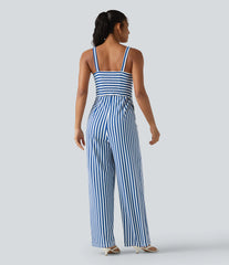 Sleeveless Twisted Shirred Invisible Zipper Built-in Bra Stripes Waffle Casual Jumpsuit with Pockets-Easy Peezy