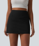 High Waisted 2-in-1 A-line Mini Stretchy Poplin Casual Skirt with Pockets
