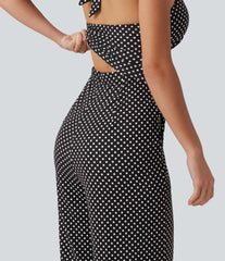 Halter Sleeveless Backless Built-in Bra Polka Dot Print Resort Jumpsuit with Pockets-Easy Peezy
