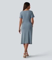 Halara Flex™ Denim Boat Neck Short Sleeve Ruched Split Midi Casual Dress