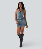 Halara Flex™ Halter Zipper Belted Bodycon Mini Washed Denim Casual Dress