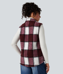 Curved Hem Casual Plaid Sherpa Vest