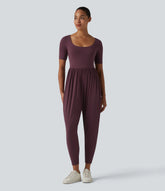 SoftlyZero™ Airy Scoop Neck Short Sleeve Built-in Bra InstantCool Casual Jumpsuit with Pockets-Easy Peezy Edition