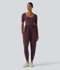SoftlyZero™ Airy Scoop Neck Short Sleeve Built-in Bra InstantCool Casual Jumpsuit with Pockets-Easy Peezy Edition