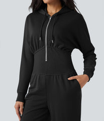 Hooded Drawstring Long Sleeve Casual Jumpsuit with Pockets