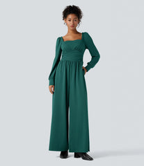Square Neck Long Sleeve Work Jumpsuit with Pockets-Easy Peezy Edition