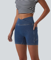 Halara Flex™ Crossover High Waisted Tummy Control Denim Casual Skinny Shorts 5'' with Pockets