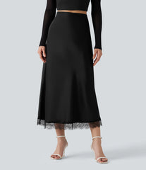 High-waisted Satin Contrast Lace Midi Casual A-Line Skirt