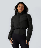 PuffFlex 3-in-1 Stand Collar Casual Cropped Puffer Coat & Thumb Holes Curved Hem Jacket with Pocket