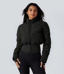 PuffFlex 3-in-1 Stand Collar Casual Cropped Puffer Coat & Thumb Holes Curved Hem Jacket with Pocket