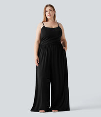 Plus Size Built-in Bra Ruched Wide Leg Heathered Casual Jumpsuit with Pockets-Easy Peezy Edition