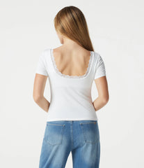 Ribbed Knit Scoop Neck U Back Short Sleeve Contrast Lace Built-in Bra Casual T-Shirt