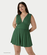 Ribbed V-neck Sleeveless Ruched Built-in Bra Casual Plus Size Romper with Pockets-Easy Peezy