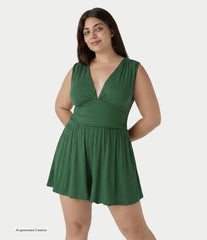 Ribbed V-neck Sleeveless Ruched Built-in Bra Casual Plus Size Romper with Pockets-Easy Peezy
