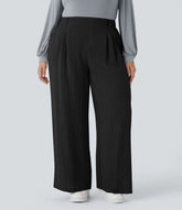 High Waisted Pocket Wide Leg Flowy Casual Linen-Feel Plus Size Pants