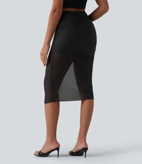 High Waisted Tummy Control 2-in-1 Mesh Bodycon Midi Casual Skirt
