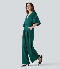 V-neck Half Sleeve Tie-back Work Baggy Jumpsuit with Pockets-Easy Peezy