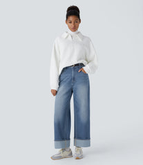 Halara Flex™ High Waisted Pockets Adjustable Hem Wide Leg Washed Casual Jeans