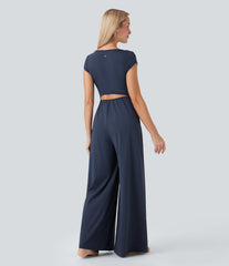 SoftlyZero™ Airy Short Sleeve Wide Leg InstantCool Yoga Jumpsuit with Pockets-Easy Peezy Edition