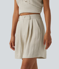 High Waisted Casual Linen-Feel Shorts with Pockets