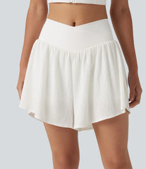 Crossover High-waisted Split Hem 2-in-1 Crinkle Running Shorts with Pockets