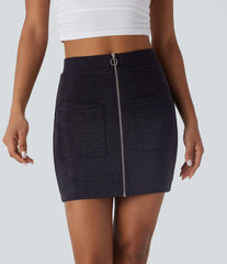High Waisted Zipper Bodycon Sparkle Mini Casual Skirt with Pockets