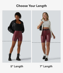 High Waisted Stretchy PU Casual Biker Shorts 7'' with Pockets