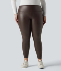 Plus Size High Waisted Tummy Control Stretchy PU Fleece 7/8 Skinny Casual Leggings with Pockets