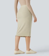 Ribbed Knit High Waisted Lettuce Trim Bodycon Midi Casual Skirt