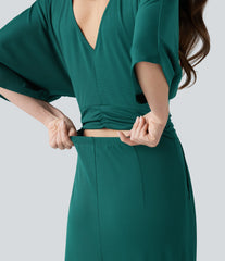 V-neck Half Sleeve Tie-back Work Baggy Jumpsuit with Pockets-Easy Peezy
