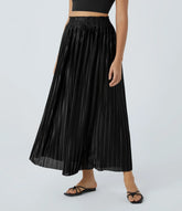 High Waisted Plisse Flowy Maxi Satin-Like Casual Skirt
