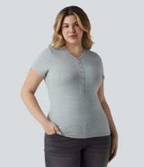 Halara Cotton Jersey Henley Short Sleeve Ultra-slim Casual Plus Size T-Shirt