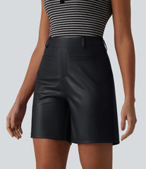 High Waisted Stretchy PU Casual Bermuda Shorts with Pockets