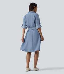 V Neck Long Sleeve Tie Front Denim Mini Casual Dress with Pockets
