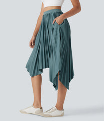 High Waisted Pleated Asymmetrical Hem Casual Skirt with Pockets