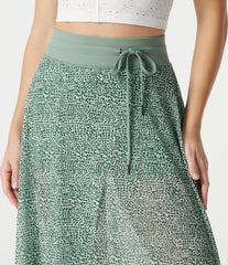 High Waisted Drawstring Leopard Print Contrast Mesh 2-in-1 Flowy Midi Flare Resort Skirt with Pockets